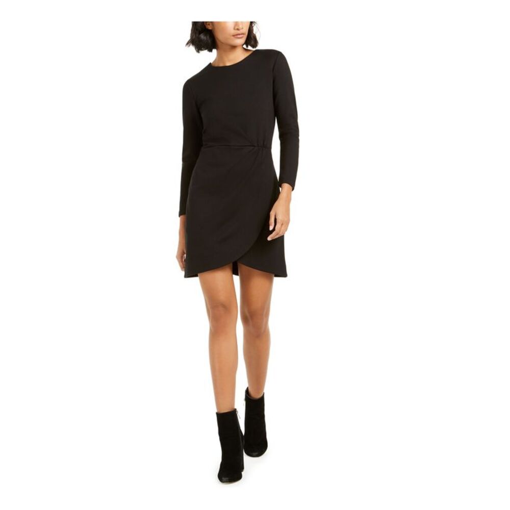 FRENCH CONNECTION Womens Black Long Sleeve Crew Neck Mini Faux Wrap Dress 8